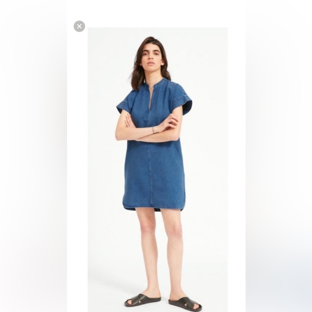 Everlane The Split Neck Short Sleeve 100% Cotton Mini Jean Dress Women's Size 2